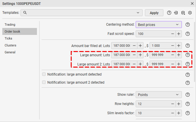 CScalp instrument settings