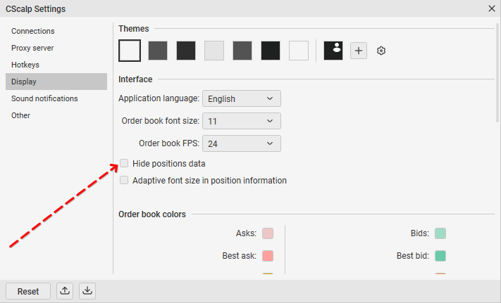 Hide Positions Data in CScalp