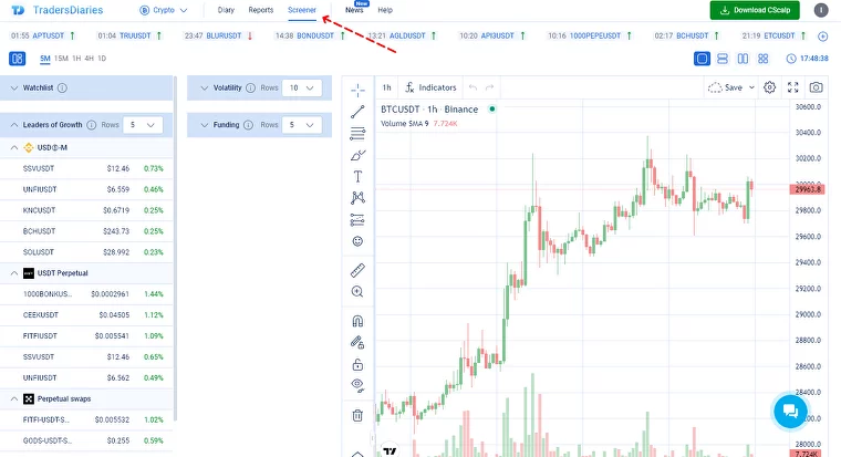 Cryptocurrency Screener interface and button to access it