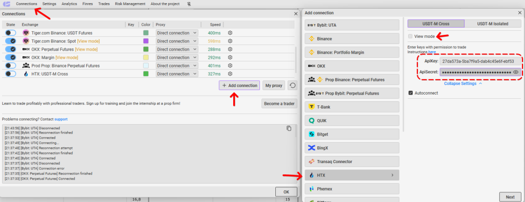 Entering API keys in CScalp
