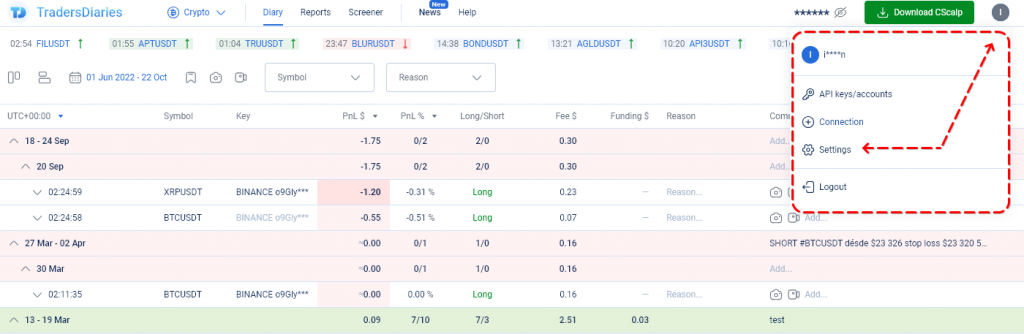 Access to the "Settings" menu in the Trading Diary