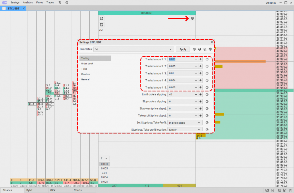 Traded amount configuration in CScalp