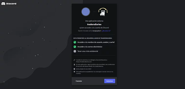 Trading Diary sign up via Discord
