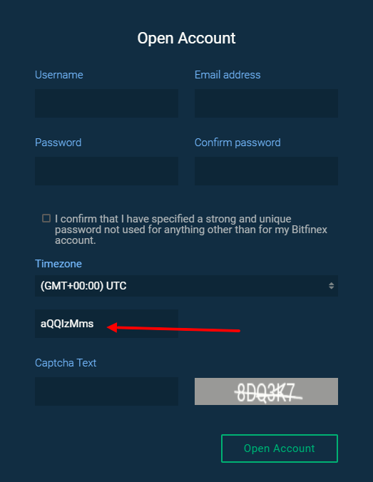 La página del registro de Bitfinex con el código de referencia