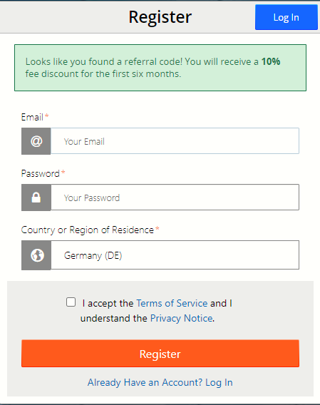 Ventana de registro para recibir el descuento BitMEX