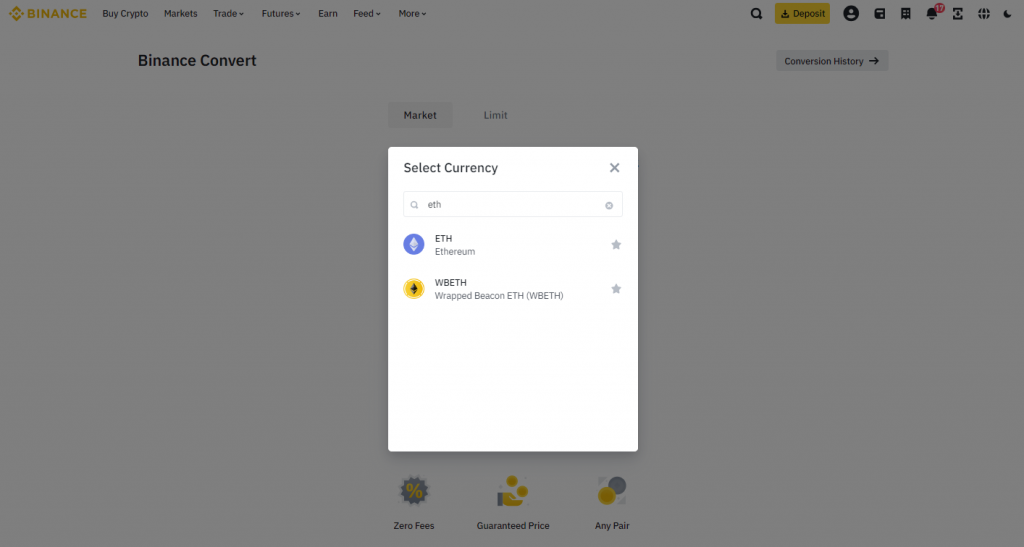 Selecting Currency to swap BNB for ETH with Binance Convert