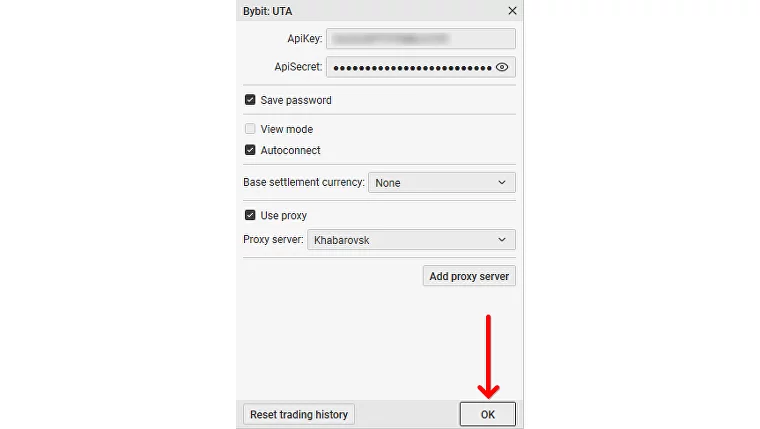 “OK” button in CScalp’s connection settings