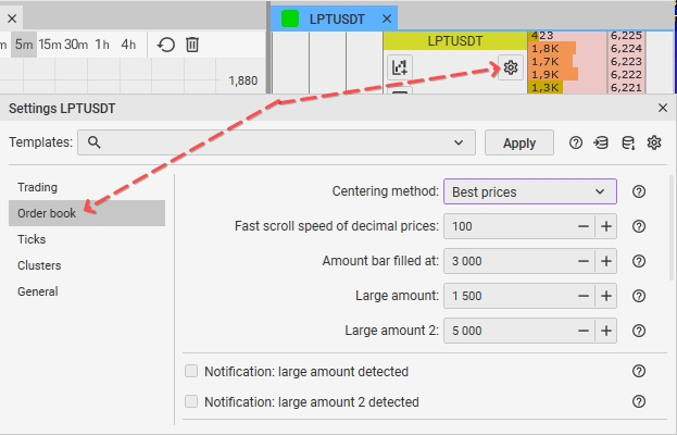 Ajustes de configuración del libro de órdenes en la plataforma de trading CScalp