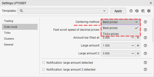 Configuración de profundidad de mercado CScalp