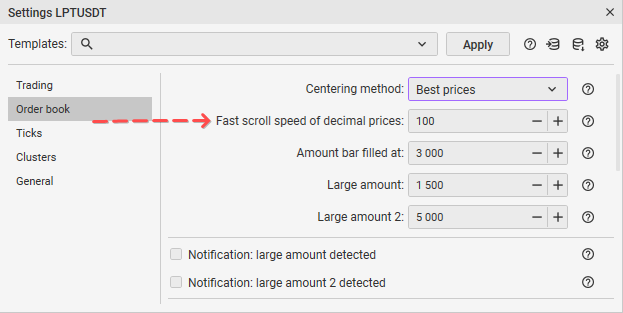 Ajuste de desplazamiento rápido en la configuración del libro de órdenes en CScalp