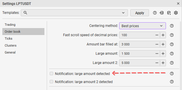 Ajuste de notificación de gran volumen en la configuración del libro de órdenes en CScalp
