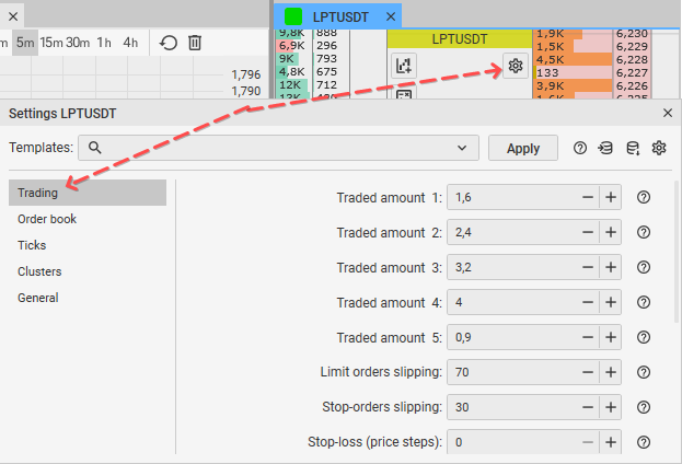 Ícono “Configuración” de la plataforma de trading CScalp abre la pestaña Trading