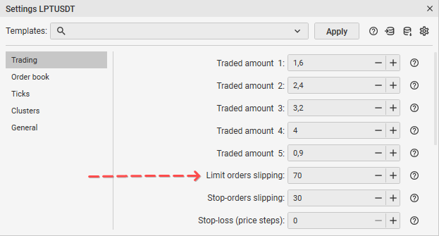 Configurar slippage de órdenes de límite en la pestaña Trading de CScalp