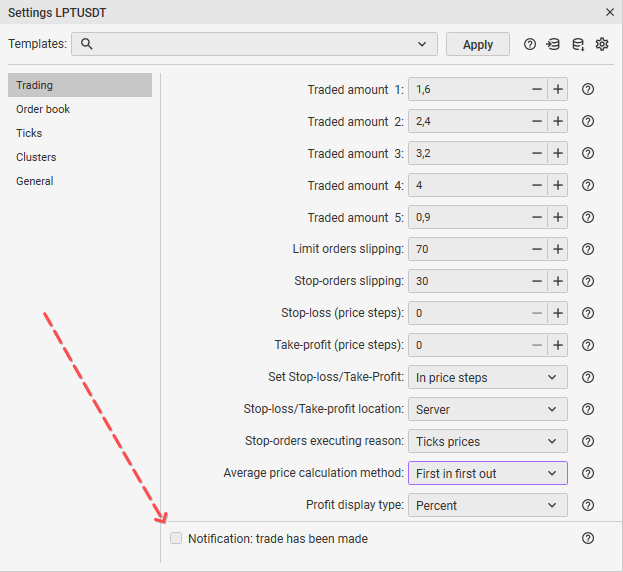 Configurar notificación en la pestaña Trading de CScalp