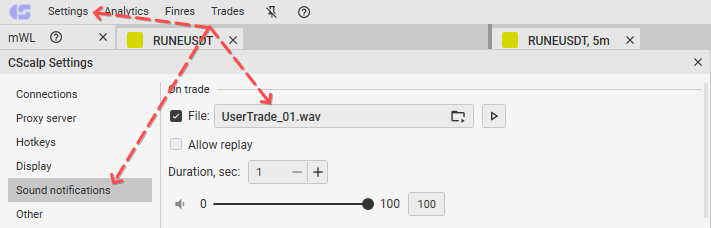 Configurar notificación en la pestaña Trading de CScalp