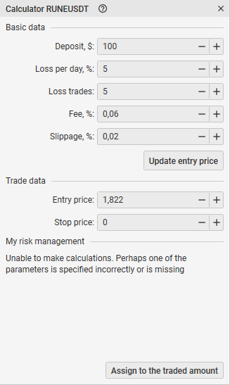 Calculadora de riesgos en la plataforma de trading CScalp