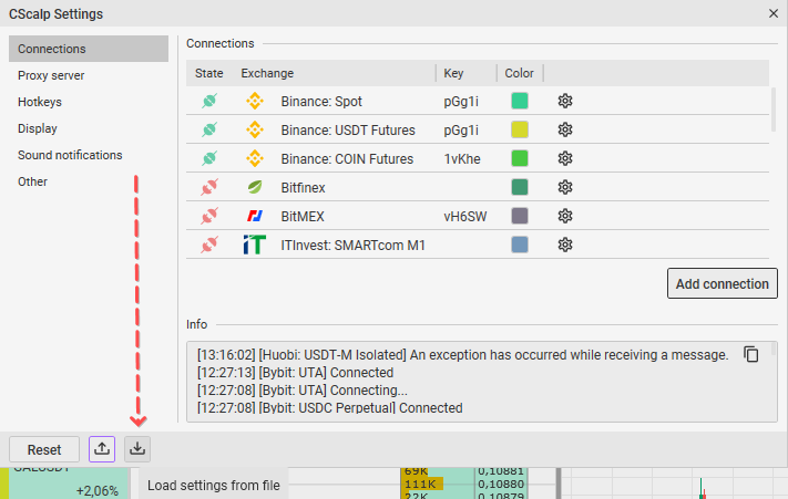 Opción para Importar los ajustes de la plataforma de trading CScalp