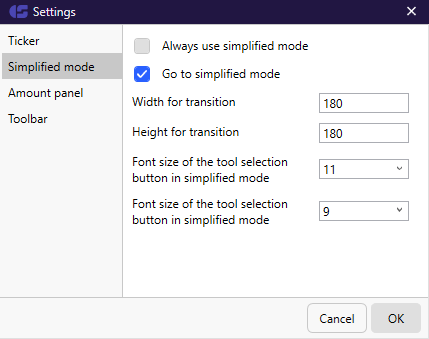 Ventana de configuración del modo simplificado de los gráficos en CScalp