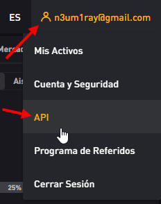 Menú para gestionar las claves API en Bybit