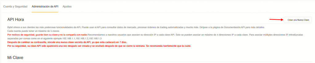 Ventana para administrar las claves API Bybit