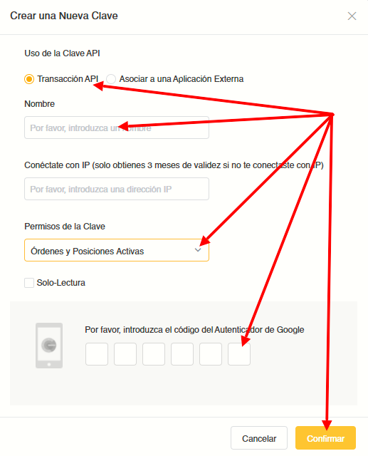 Ventana para crear nueva clave API para hacer trading en Bybit