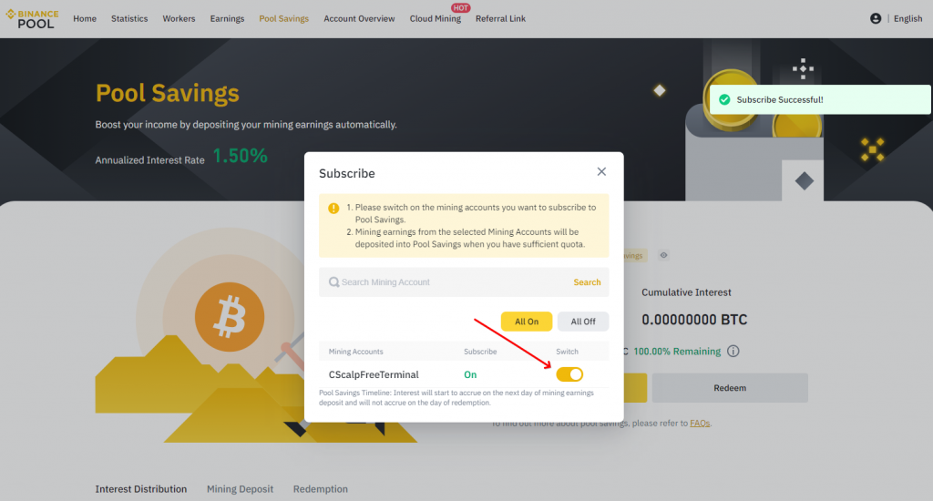 Binance Pool account toggle switch