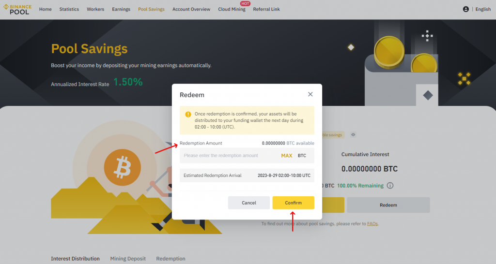 Binance Pool deposit window