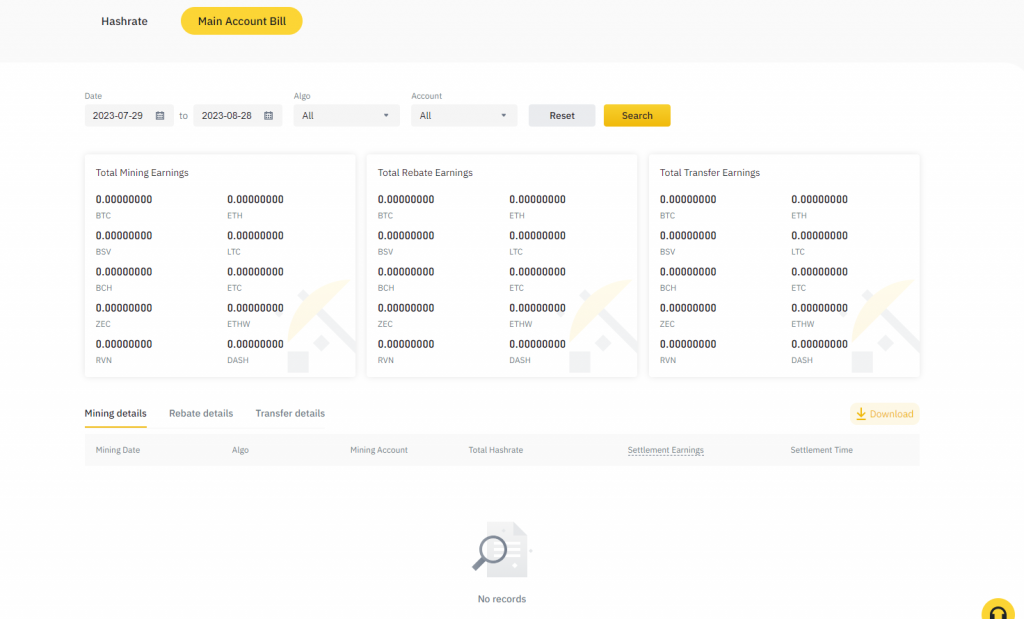 Binance Pool Main Account Balance tab
