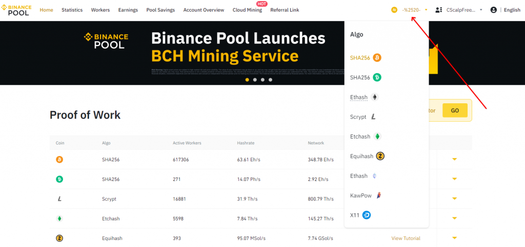 Binance Pool SHA256 dropdown menu