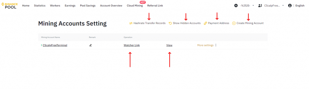 Binance Pool Mining Account Settings page