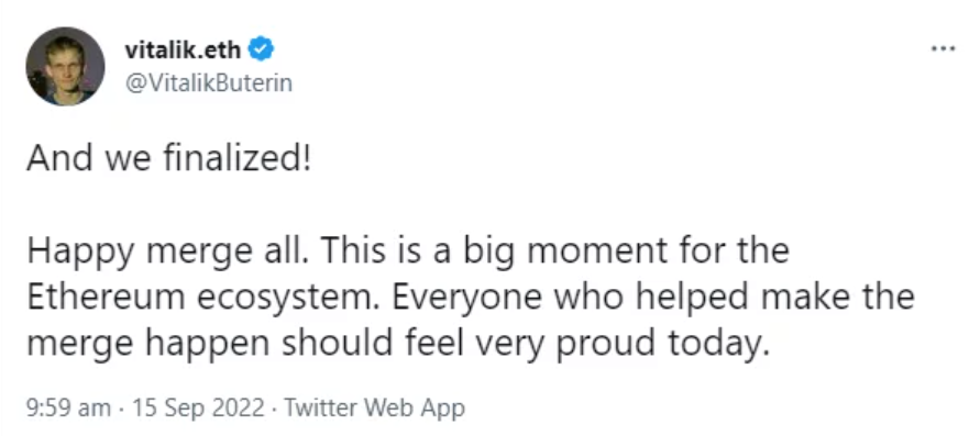 Screenshot of Vitalik Buterin’s Message about the Merge of Ethereum Screenshot of Vitalik Buterin’s Message about the Merge of Ethereum