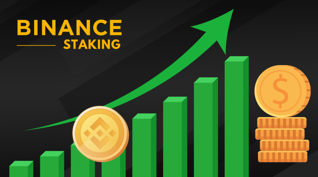 BNB coin and a pile of coins representing the Binance staking process