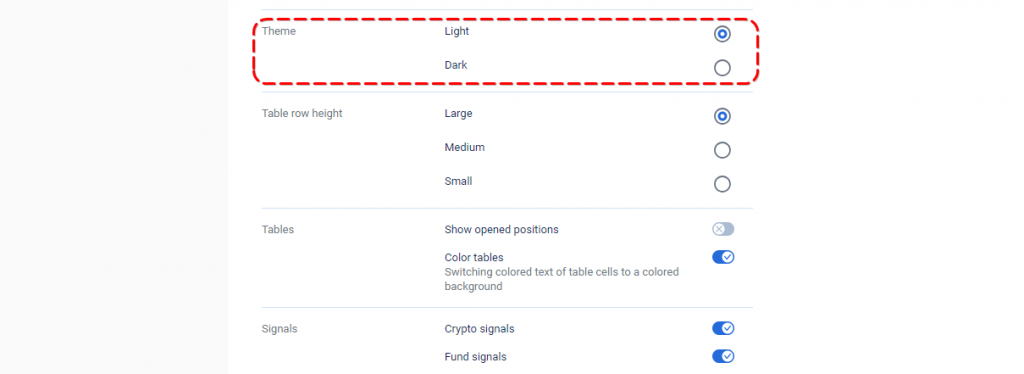 CScalp free crypto screener theme selection
