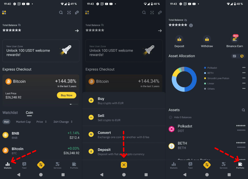 Binance app Lite mode main tabs: Profile, Transactions, Wallet