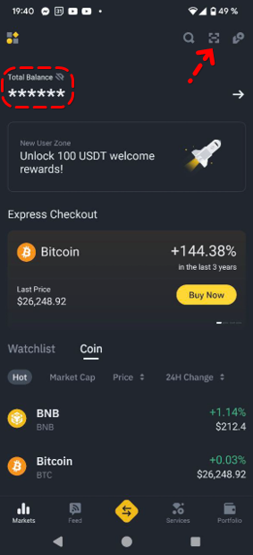 Binance app Button to scan a QR code for a transfer