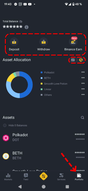 Wallet tab, deposit, and withdrawal buttons