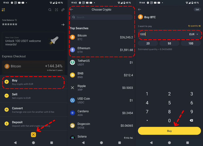 Binance app tab with transactions: buying, selling, converting cryptocurrencies, and funding the account