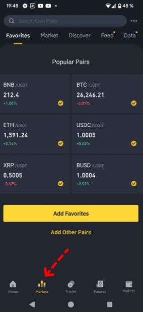 Markets tab: an overview of all Binance trading instruments