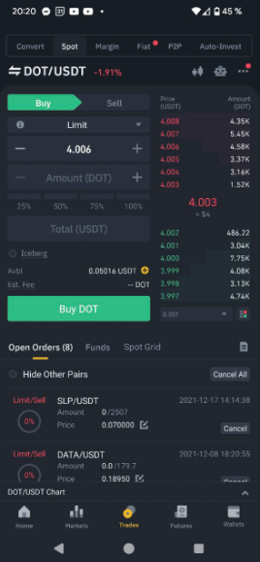 The "Trades" tab in the Binance app: trading terminal, order book, price chart
