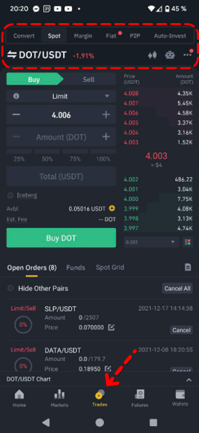 Binance app: Navigation panel for spot markets