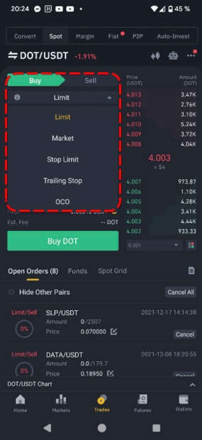 Selecting the order type in the Binance app trading terminal