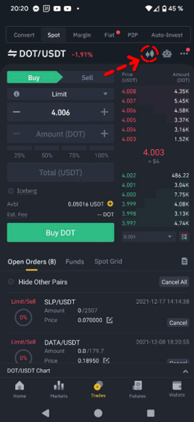 Button to open the extended version of the chart in Binance app