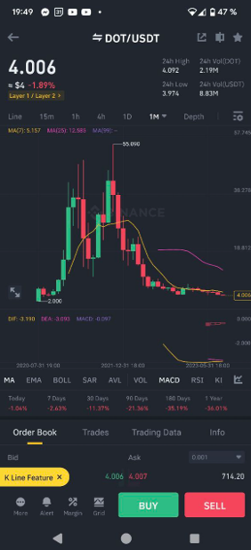 Expanded chart and order book: general view on the Binance app