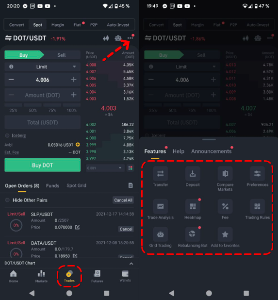 Binance app additional functions of the trading terminal