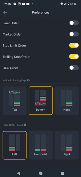 Customizing the location of the trading terminal in Binance app