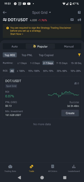 The grid trading menu on the Binance spot trading platform