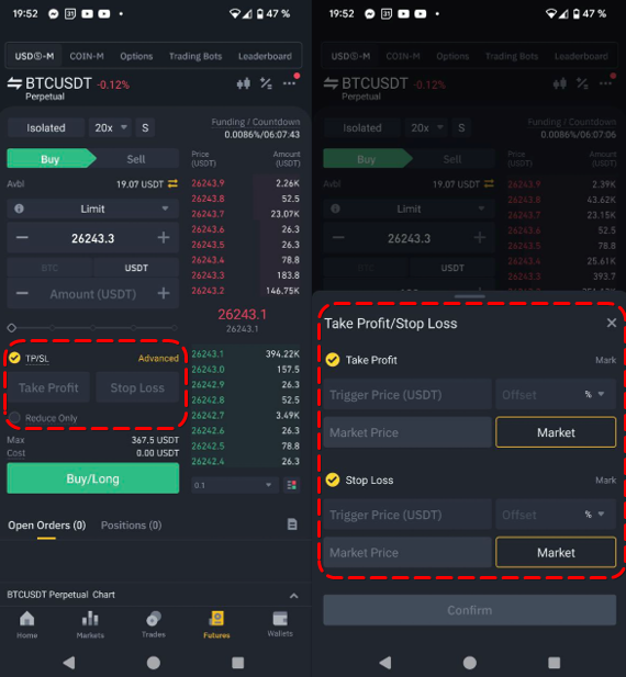 Binance app Futures Take Profit and Stop-Loss menu