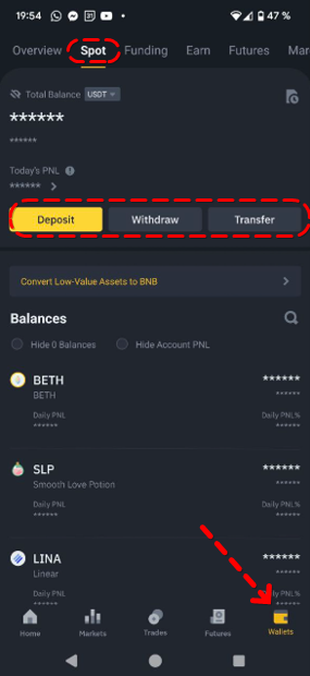 Spot Wallet: deposit, withdrawal, and transfer between accounts
