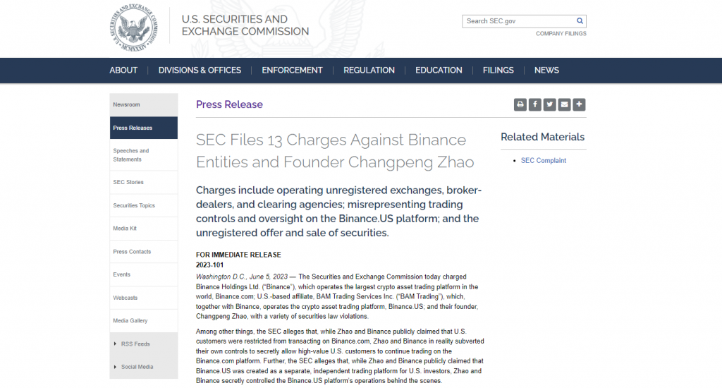 The press release of SEC’s official lawsuit against Binance and its CEO