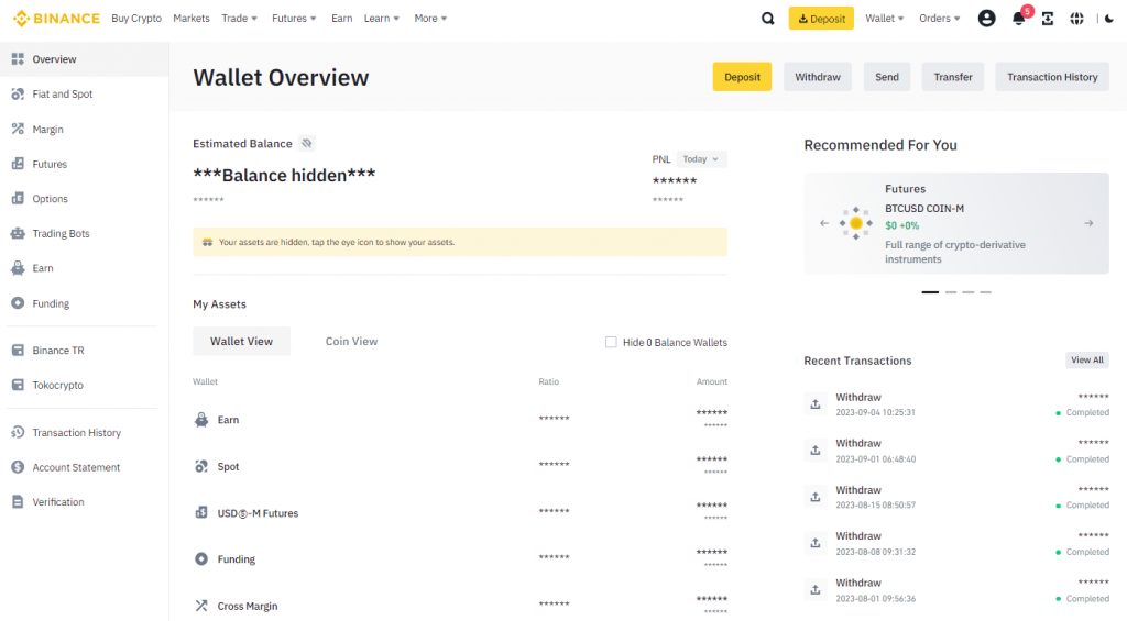 Binance Exchange Wallet interface
